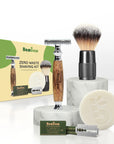 Bambaw Bamboo zero waste shaving kit with razor, brush, soap, and packaging on a white background