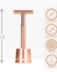 Bambaw rose gold safety razor with stand on a white background