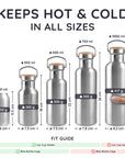 Bambawo stainless steel water bottles with size and weight indicators on a white background