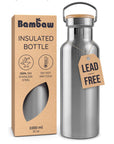 Bambaw insulated bottle with packaging and 'Lead Free' tag on a white background
