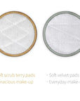 Two round reusable makeup removal pads with beige and gray edges shown side by side.