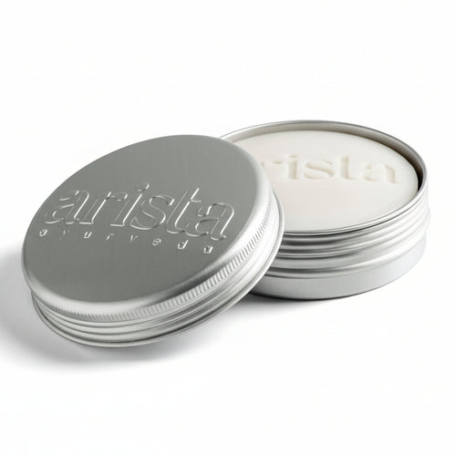 Arista Ayurveda shampoo holder tin box on a white background