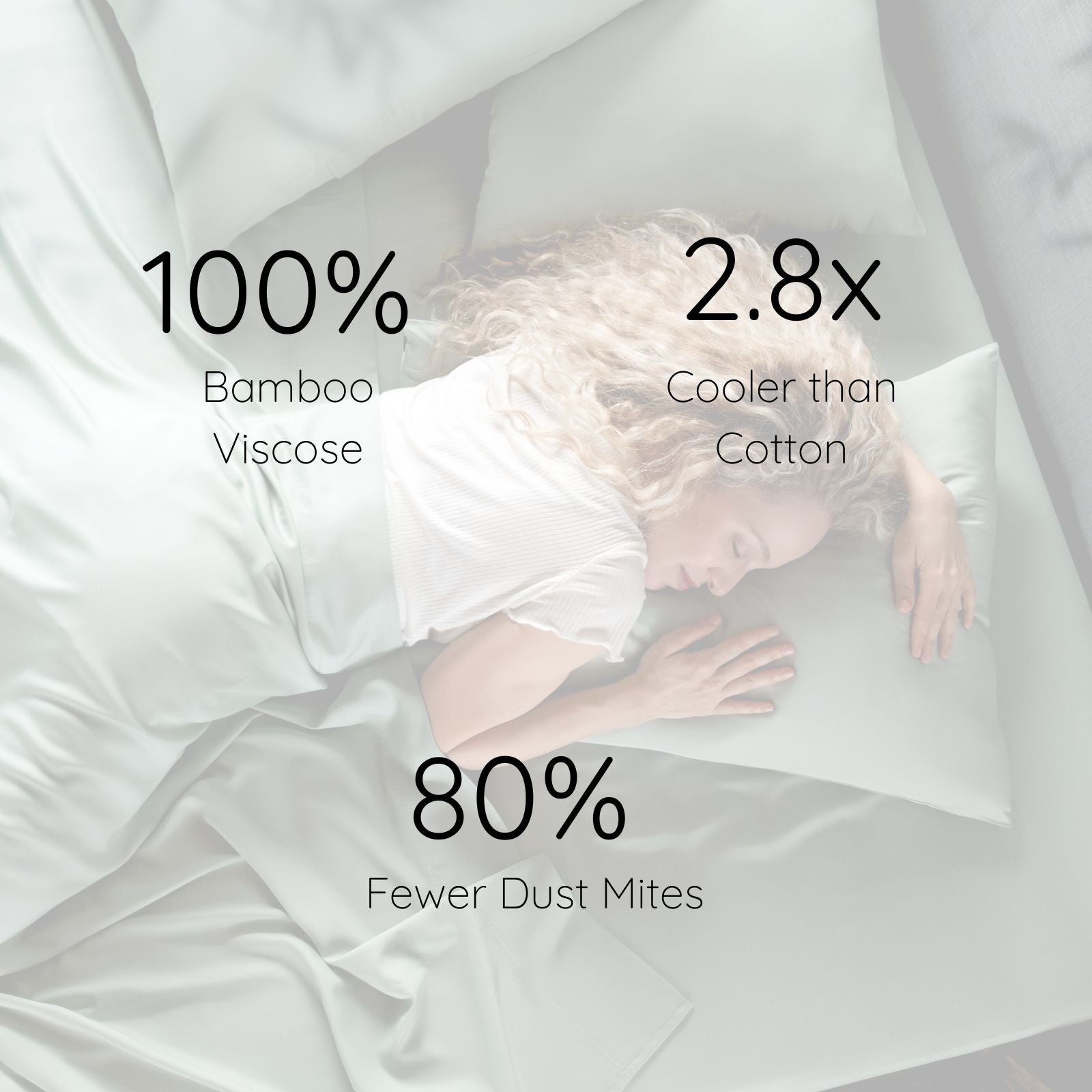 A woman sleeping peacefully on a sea glass bambaw cozy bamboo pillow and sea glass bamboo bedding, with text overlays highlighting product benefits: '100% Bamboo Viscose', '2.7x Cooler than Cotton', and '80% Fewer Dust Mites'.