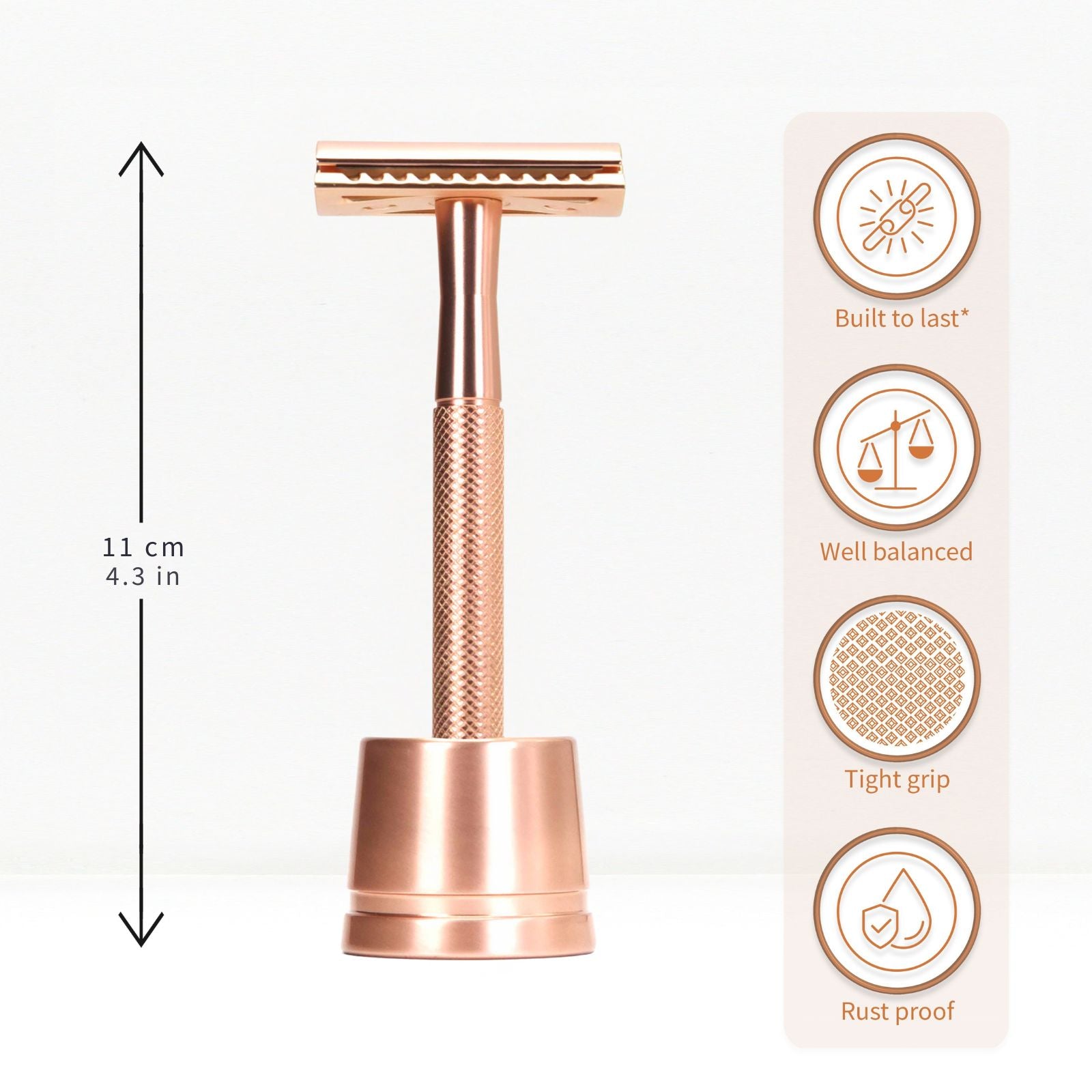 Bambaw rose gold safety razor with stand on a white background