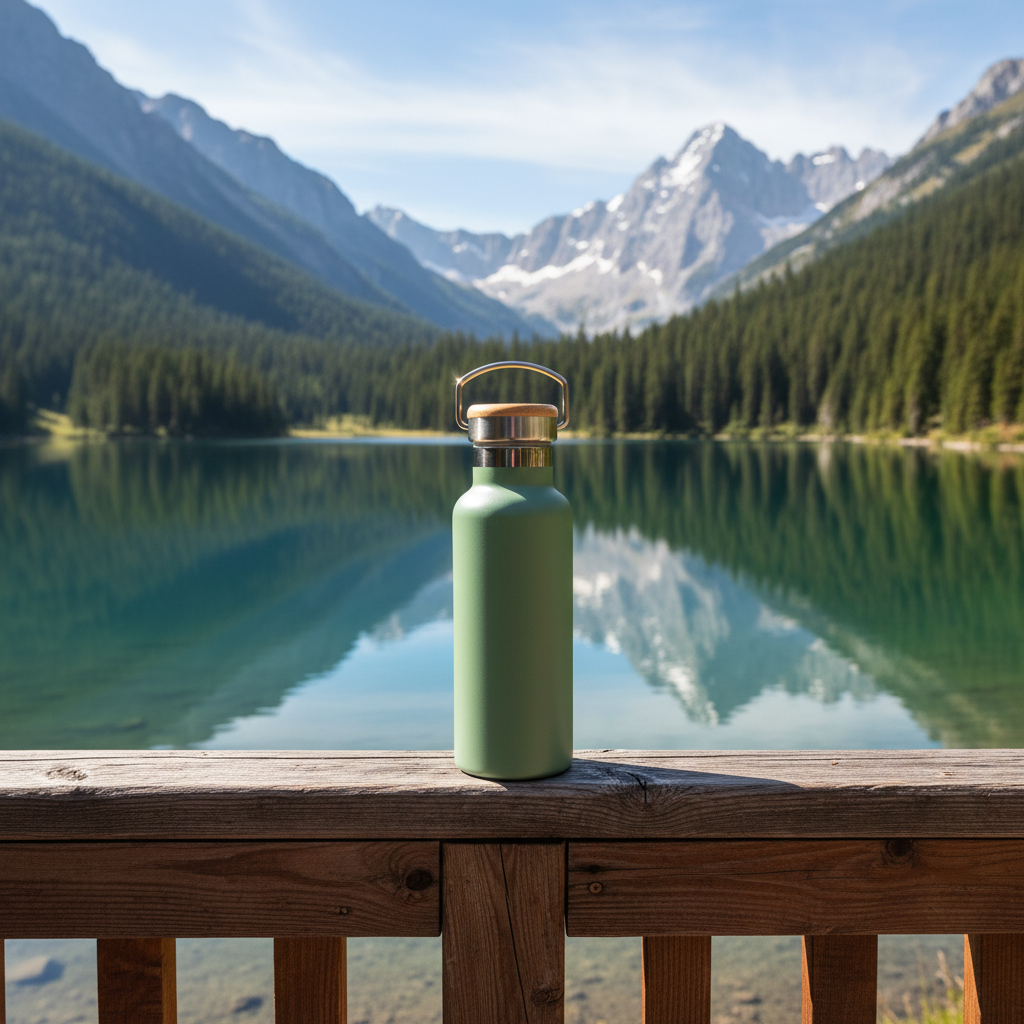 Green insulated bottle on a wooden ledge with a mountain lake and forest background