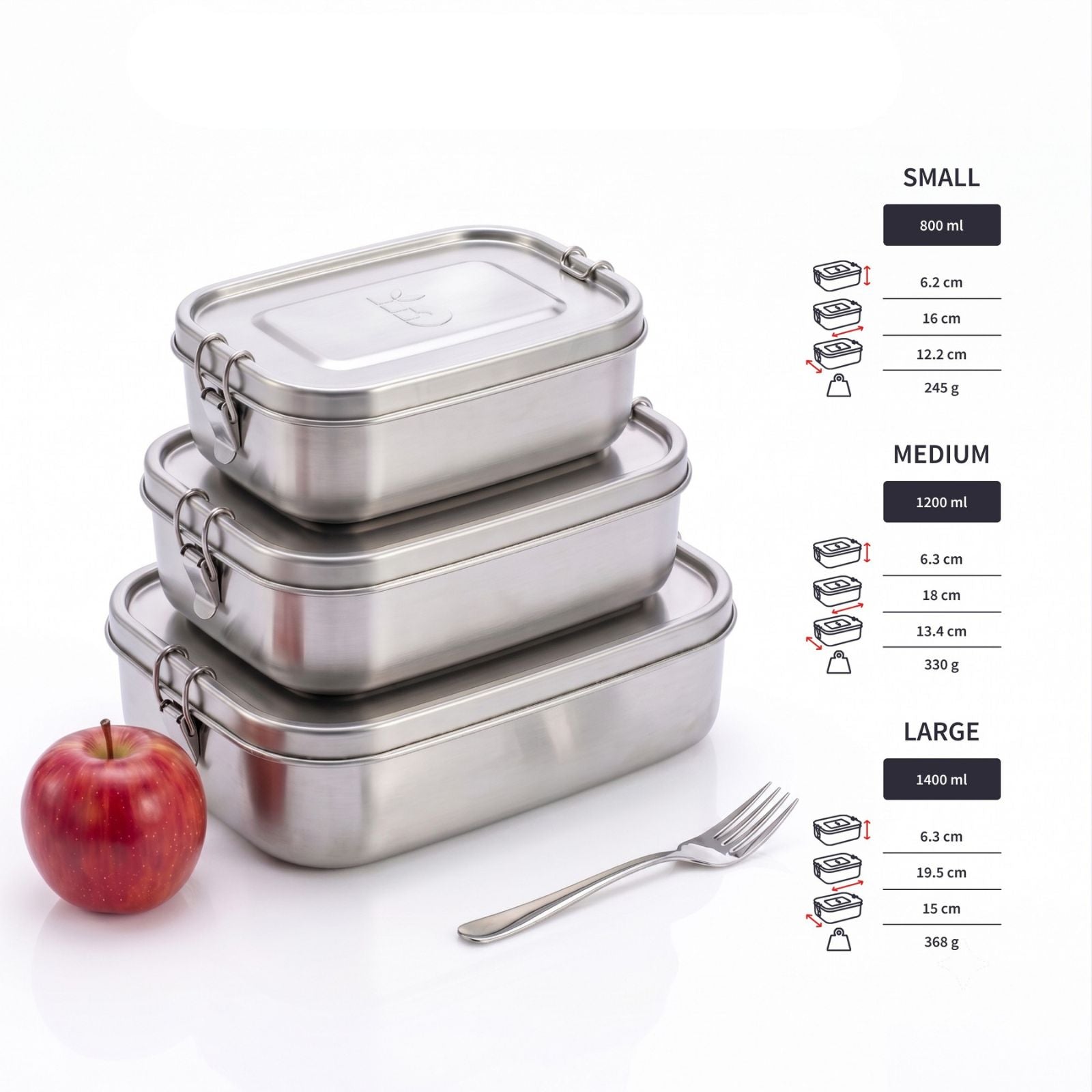 Three nested bambaw stainless steel lunch boxes with lids are shown on a white background, alongside a red apple, a fork, and printed size information for small, medium, and large boxes.