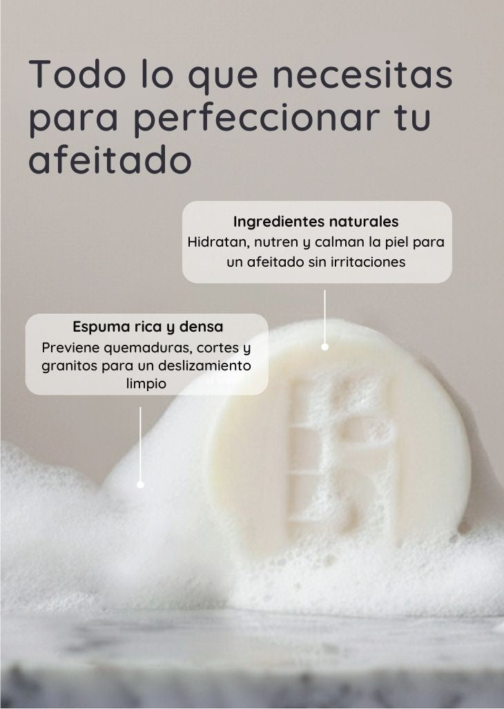 bambaw Bar of soap in a pile of bubbles with text about natural ingredients and shaving benefits on a light background.