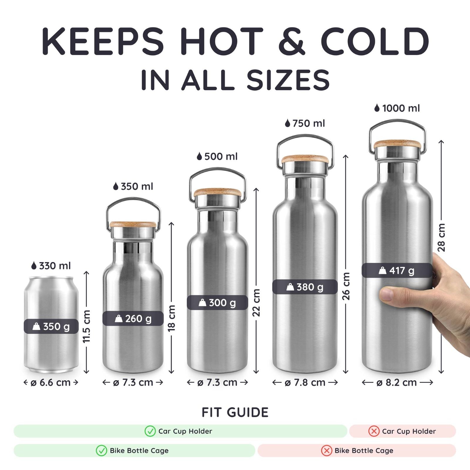 Bambawo stainless steel water bottles with size and weight indicators on a white background