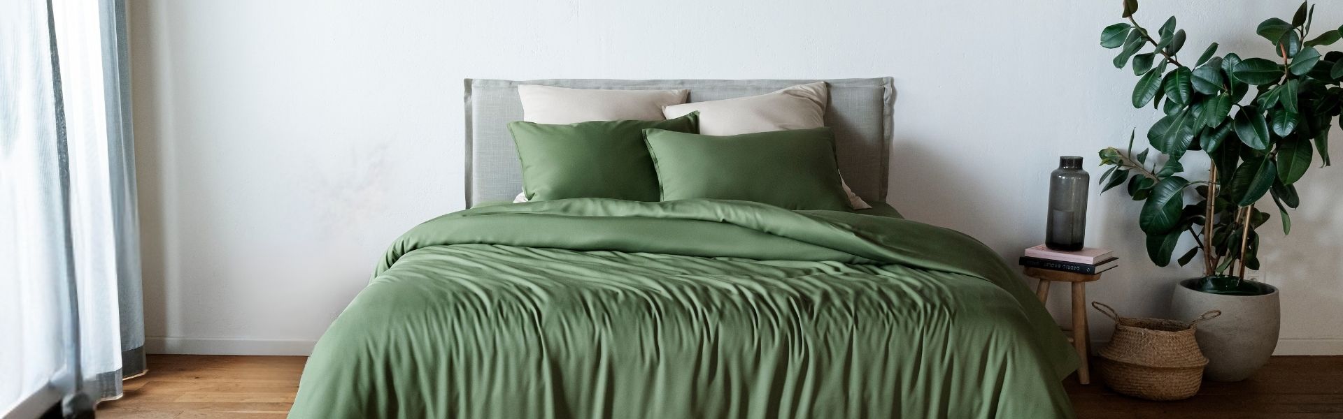 Bed with olive green bedding in a room with a plant and side table.