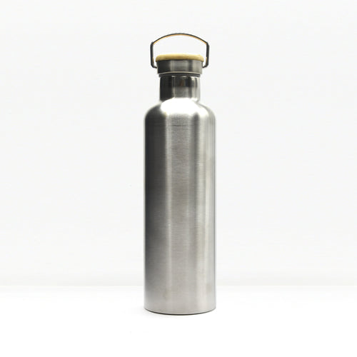 Bambaw stainless steel insulated water bottle with a bamboo lid and a carrying loop on top.