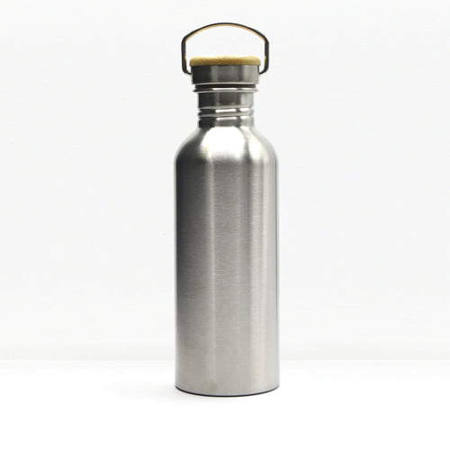Close up of a non insulated stainless steel water bottle neck with a built in carry handle and visible threading